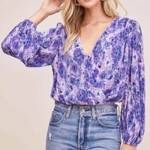 ASTR Pleated Crop Long Sleeve Surplice Wrap Top in Pink/Purple Tie Dye Small